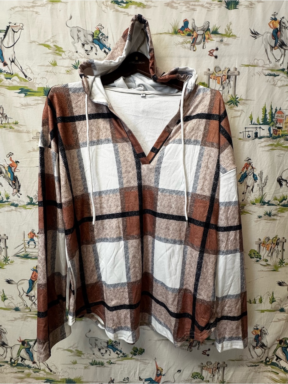 No Brand Brown & White Plaid Hooded Long-Sleeve Shirt with hood